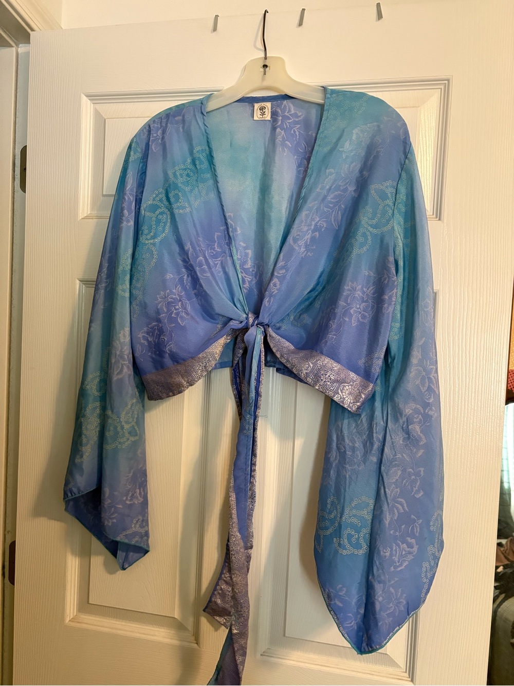 WYLDER TRADING COMPANY Bell Sleeve Silk Wrap Tie Top